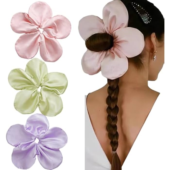 DINPREY Cute Big Flower Hair Scrunchies for women, Floral Hair Ties Flower Hair bands Scrunchies Ponytail Holders Floral Headbands Accessories for Girls (Pink Green Purple) - Image 1
